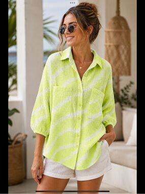 YFB Lime Green Cotton Gauze Resort Cover-Up Shirt Oversized Beach Top